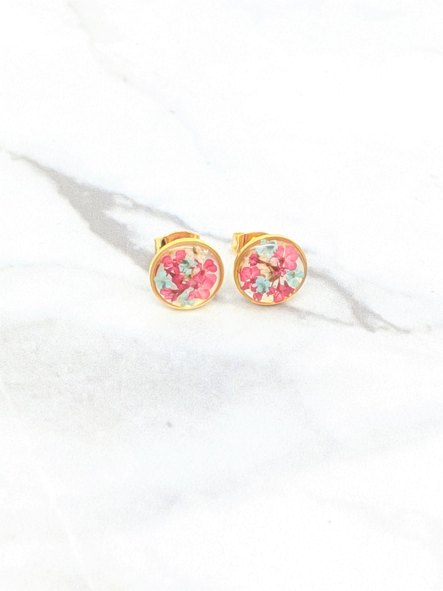 Pressed Flower Earrings, Magenta Pink Gold Circle Posts, Pressed Flower Jewelry, Real Dried Flower Resin Studs, Pressed Flowers Earrings