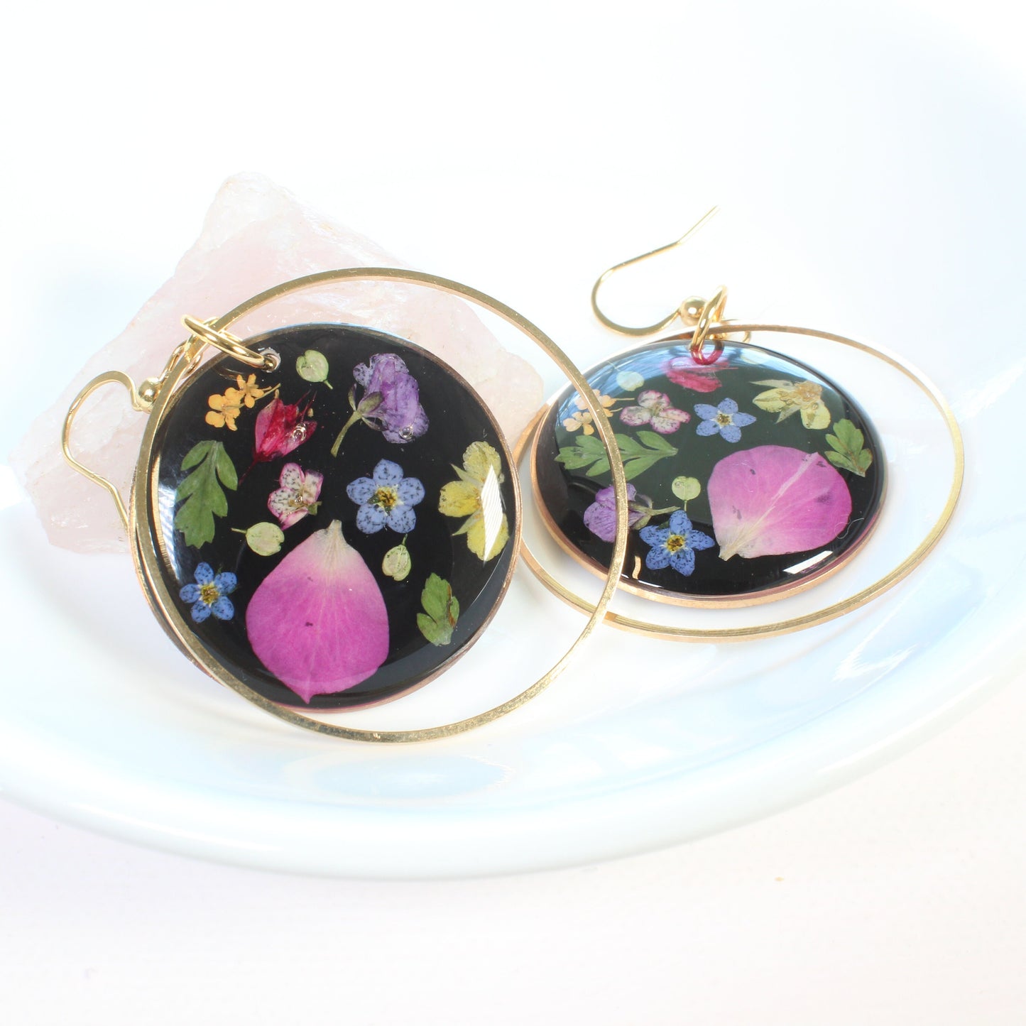 Pressed flower dangle earrings, colorful wildflower dangles, handmade dried botanicals resin jewelry, gold silver, plant lover, garden party