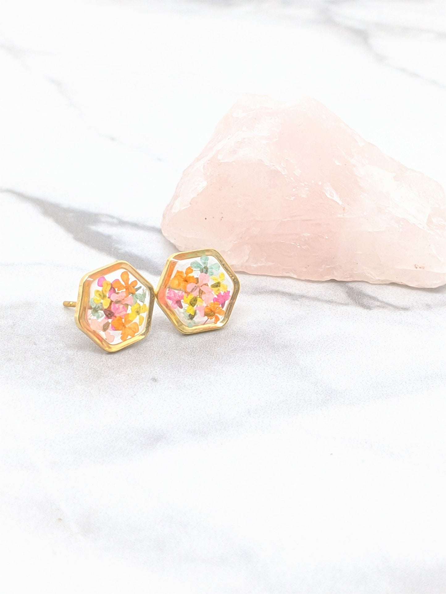 Real Pressed Flower 24K Gold Plated Hexagon Stud Earrings, Pastel Cotton Candy Colors, Dry Flower Jewelry, Titanium posts, Botanical