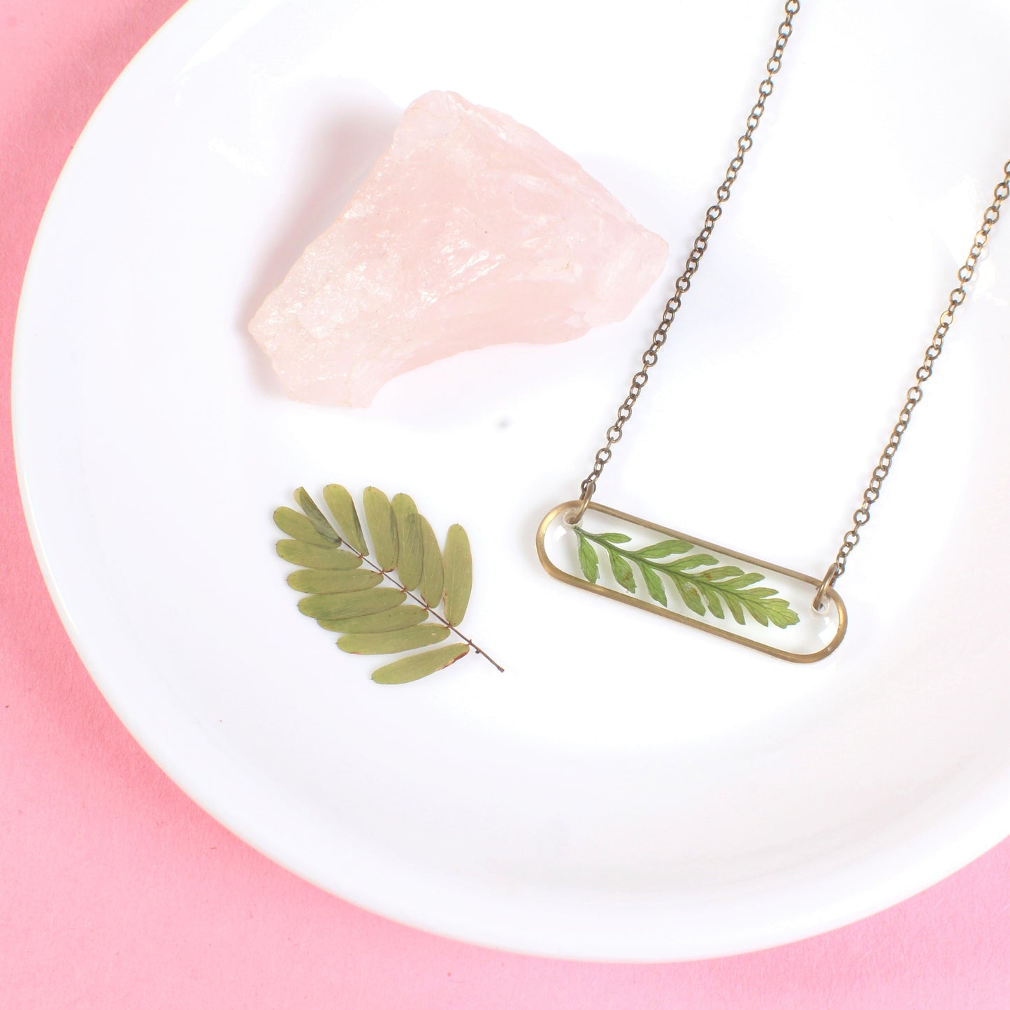 Oval Pressed Fern Leaf Necklace in Brass