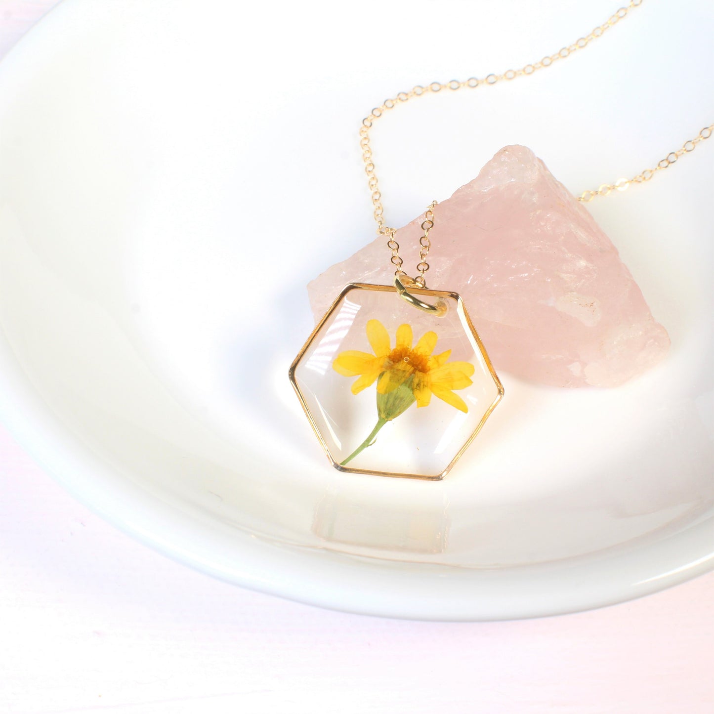 Yellow pressed flower necklace, resin daisy pendant, real dried wildflower jewelry, hexagon, handmade, daffodil, March birth flower jewelry