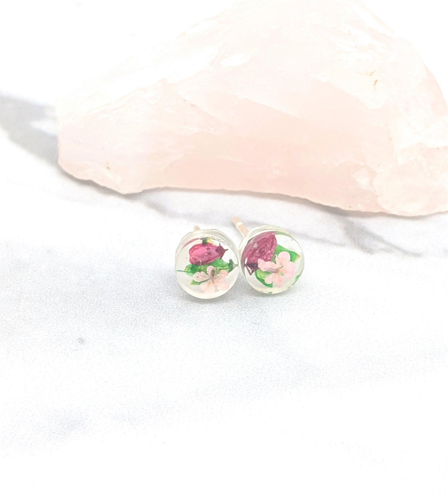 Pressed Flower Earrings, Teeny Tiny Post Earrings in Magenta, Light Pink, and Green, Real Flower Jewelry , Minimalist Posts, Titanium studs