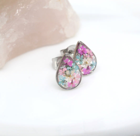 Real Pressed Flowers Silver Teardrop Post Earrings in Pastel Pink Blush and Baby Blue, with Silver Flecks