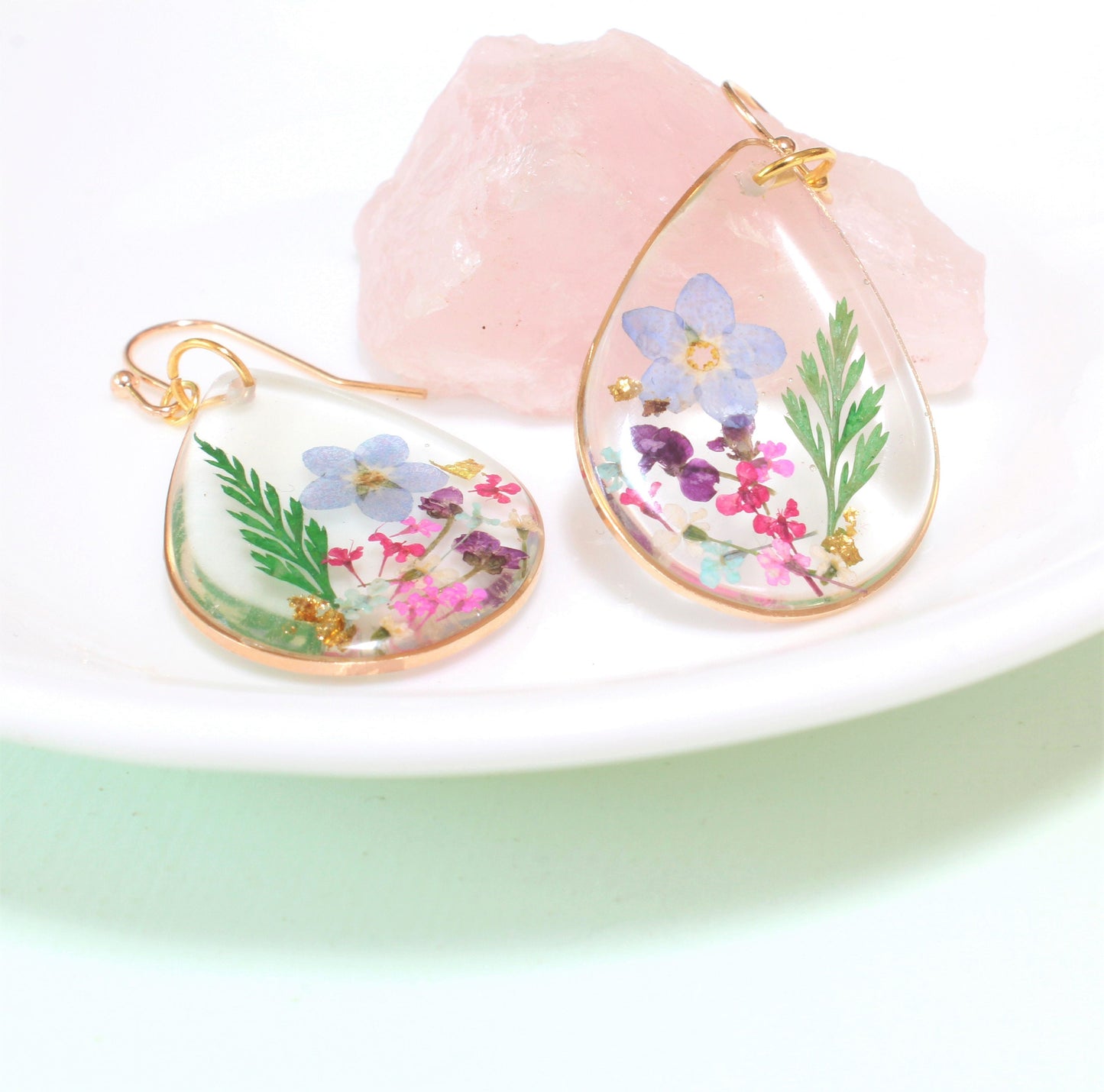 Pressed Flower Earrings, Large Teardrop Dangles, Dried Flower Jewelry, Resin Plant Earrings, Forget-me-not Earrings, Real Flower Jewelry