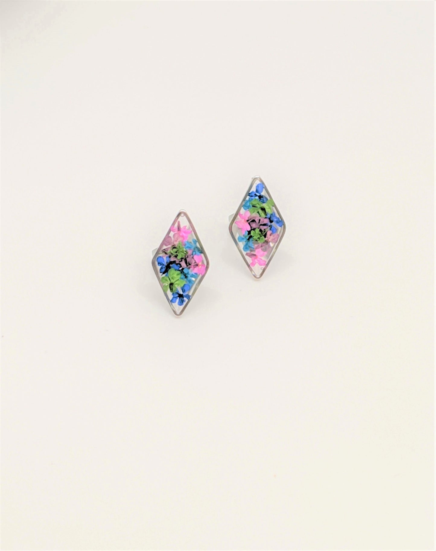 Silver Diamond-Shaped Rhombus Post Earrings with Real Pressed Flowers in Navy, Fuchsia, and Green, Titanium, Real flower jewelry, colorful