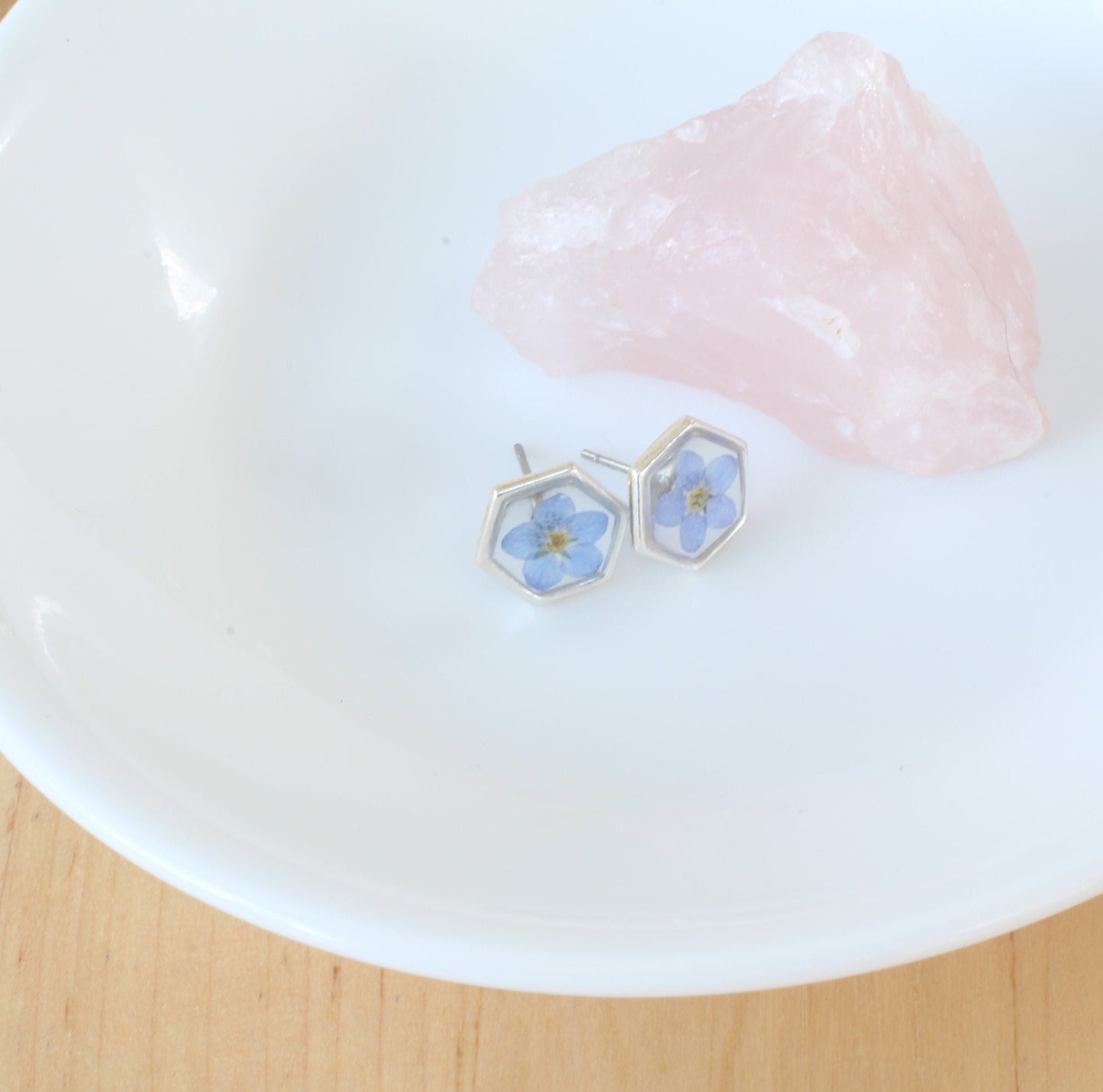 Pressed Flower Earrings, Blue Forget-me-not Studs, Silver Hexagons, Real Dried Flowers, Resin, Plant Jewelry, Forget me not, Titanium Posts
