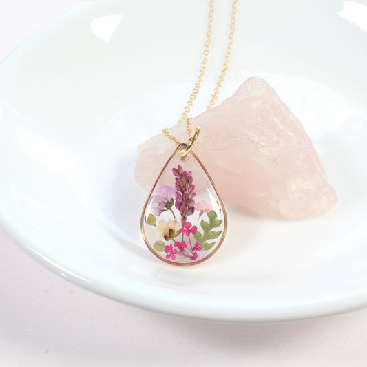 Small Pressed Flower Wildflower Teardrop Necklace