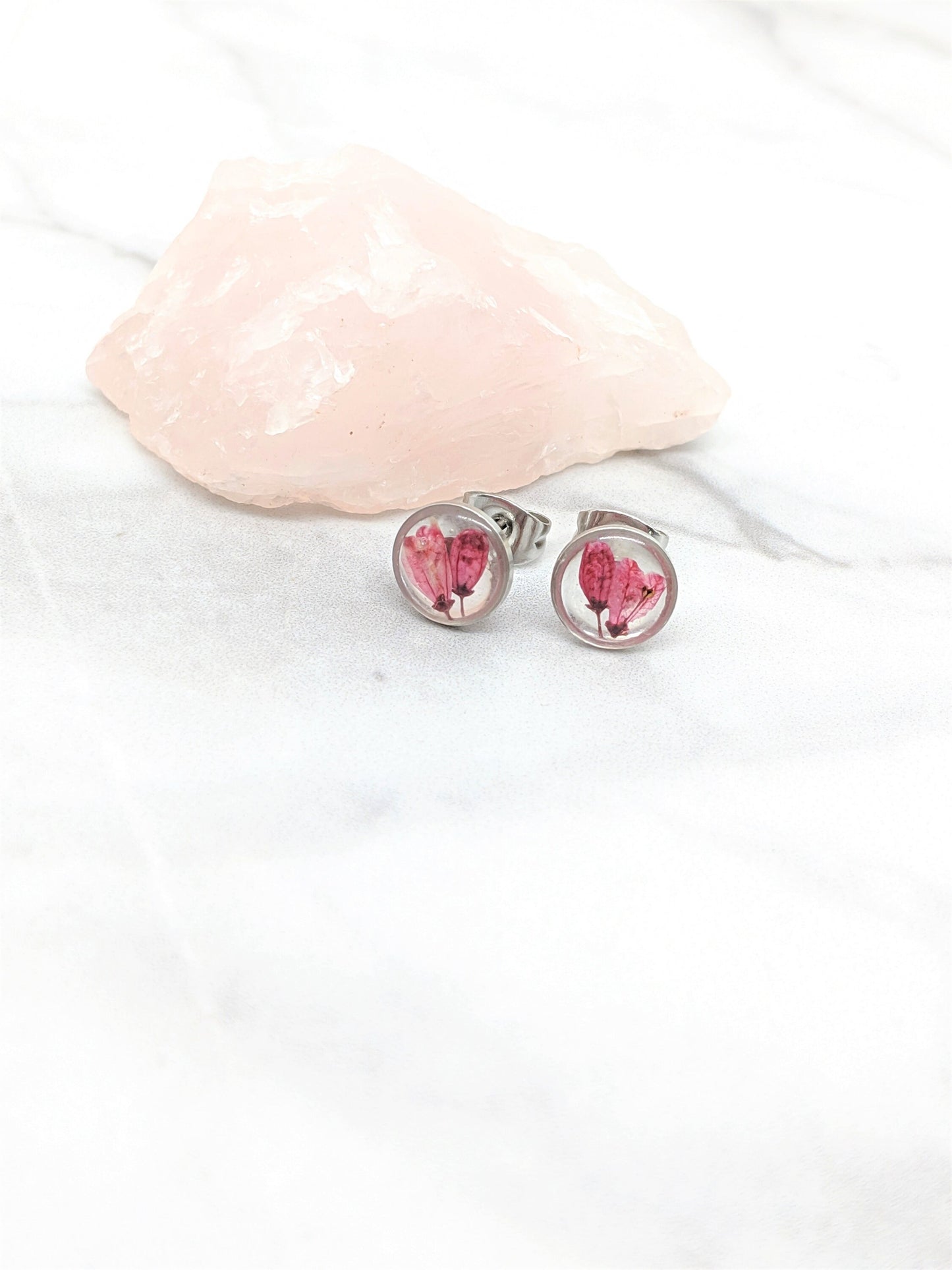 Tiny Real Pressed Flower Earrings, Silver Circle Studs with Dark Rose Pink Flowers, Minimalist, Small wildflower earrings, titanium posts