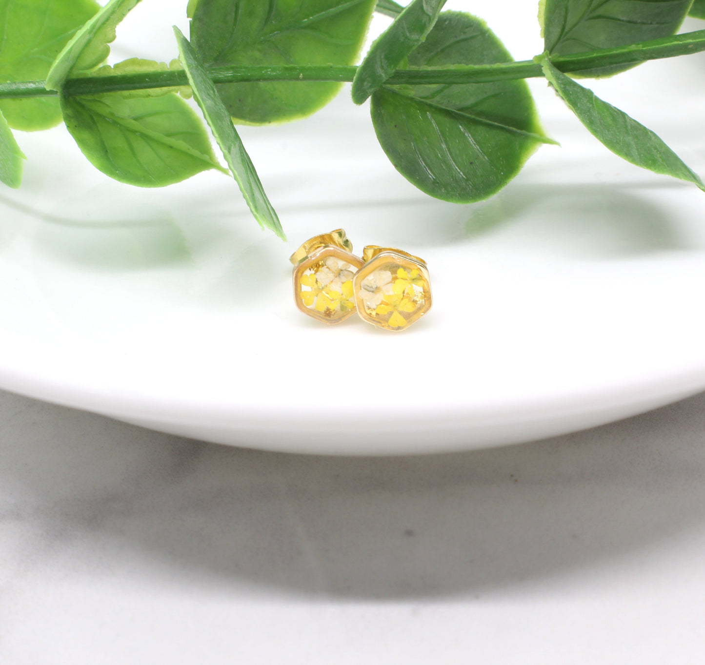 Tiny Pressed Flower Stud Earrings, Gold Hexagon Studs, Yellow Flowers, Pressed Flower Jewelry, Real Pressed Dry Flowers, Titanium, Resin