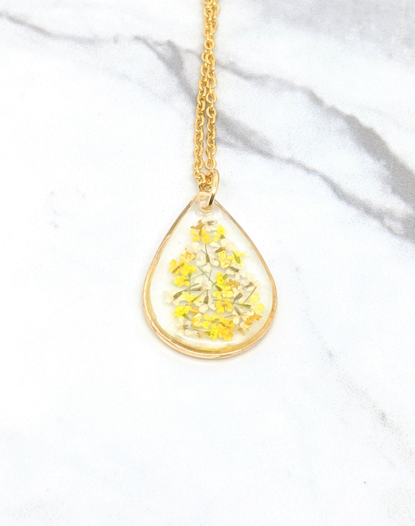 Real Pressed Flower Necklace - Yellow, White, Gold Leaf, Mustard Teardrop Pendant - Pressed Flower Jewelry - Gold Fill Available