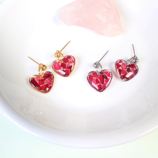 Heart Shaped Rose Petal Resin Dangle Earrings