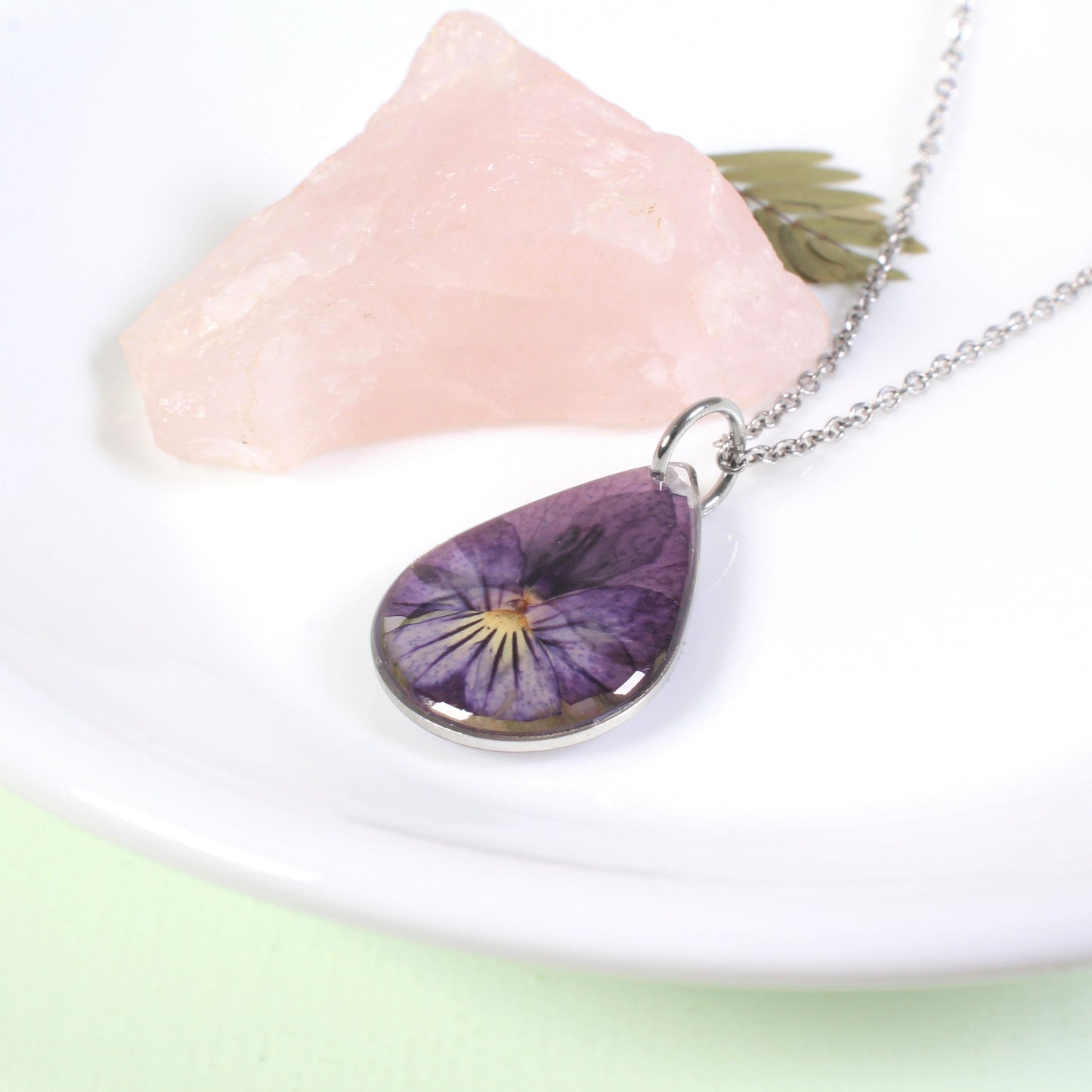 Violet necklace,  Small pressed flower pendant, real pansy viola, resin, handmade botanical teardrop necklace, February birth flower, nature
