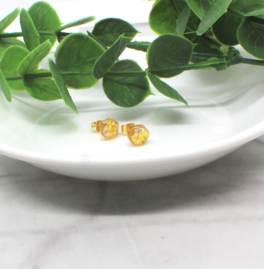 Tiny Pressed Flower Stud Earrings, Gold Hexagon Studs, Yellow Flowers, Pressed Flower Jewelry, Real Pressed Dry Flowers, Titanium, Resin