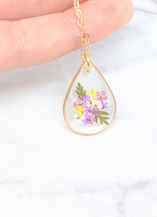 Small Purple Pressed Flower Bouquet Teardrop Pendant Necklace