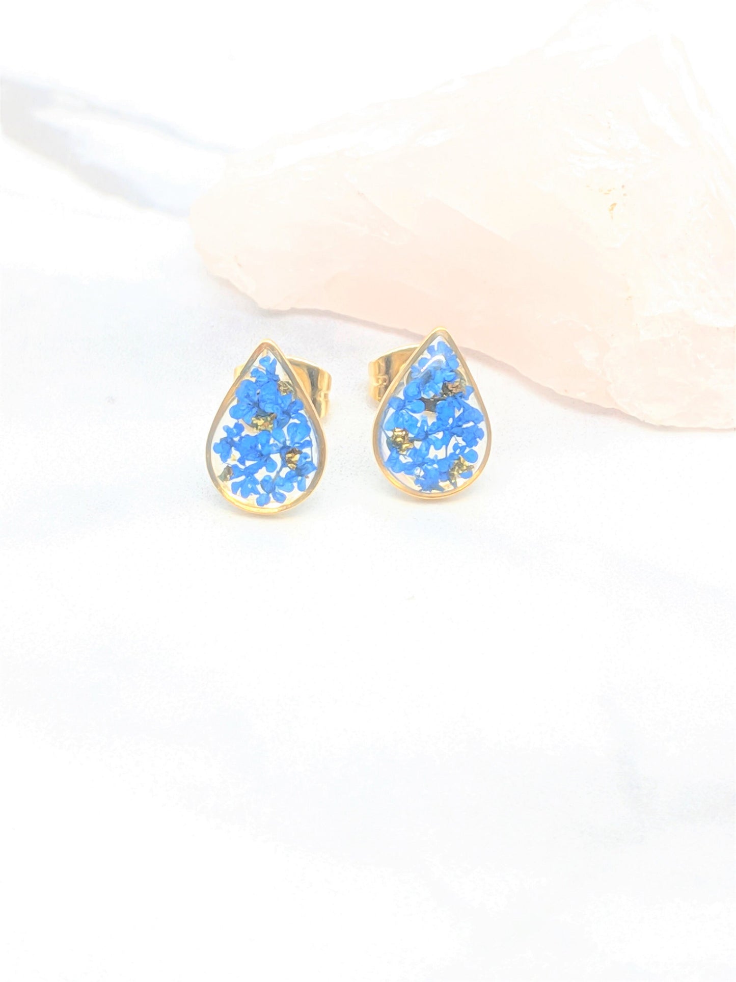 Pressed Flower Earrings, Navy Blue Gold Teardrop Studs, Dark Blue Posts, Pressed Flower Jewelry, Real Dried Flower Earrings, Pressed Flowers