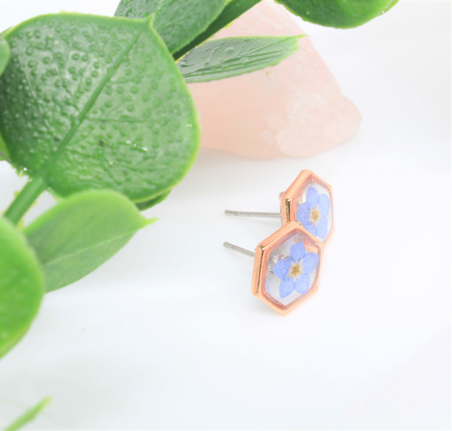 Pressed Flower Earrings, Rose Gold, Blue Forget-me-not Studs, Real Dried Flower Posts, Pressed Flower Jewelry, Botanical Forgetmenot Jewelry