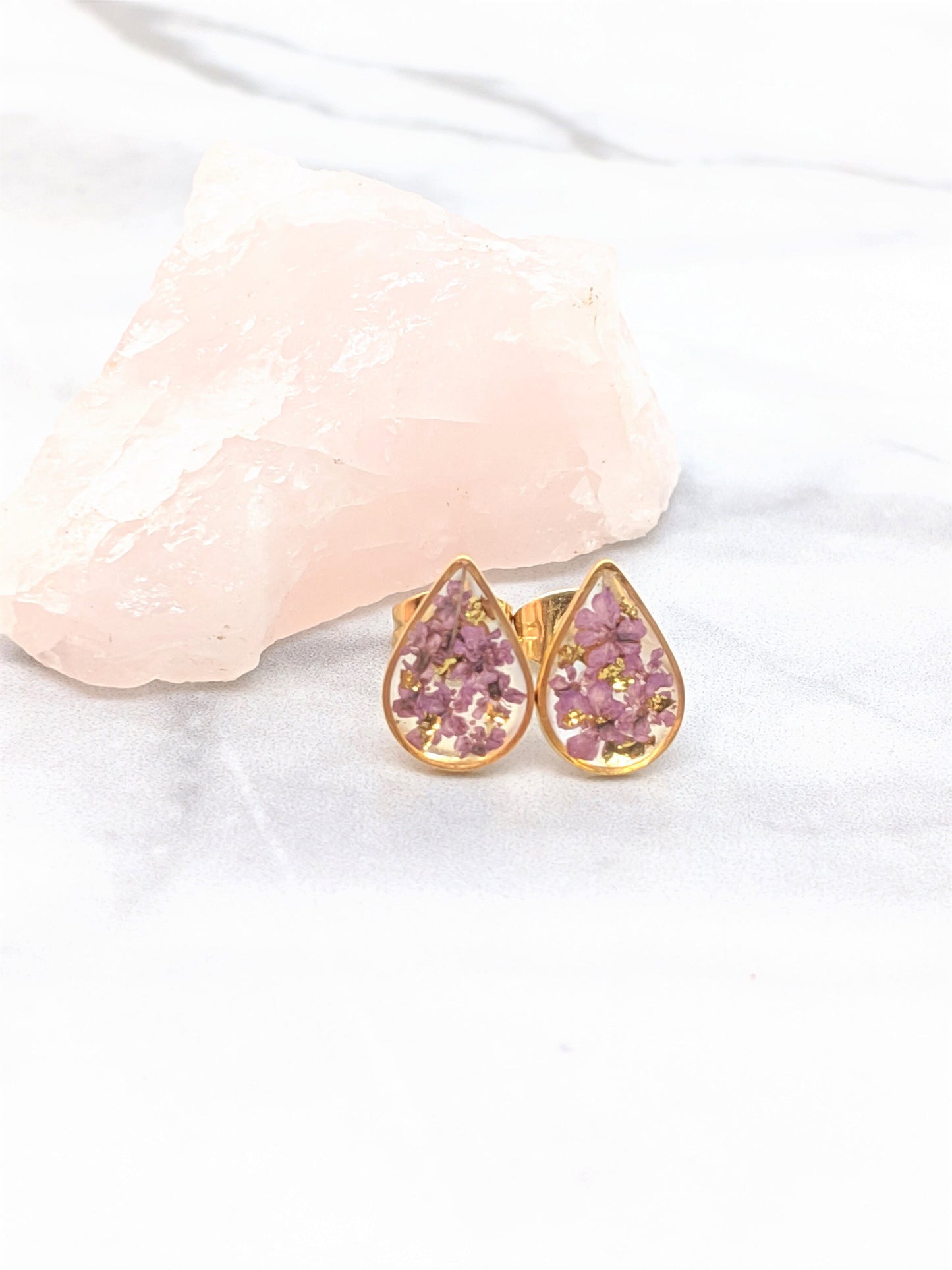 Pressed Flower Earrings, Dusty Purple, Gold Teardrop Studs, Lavender, Mauve, Lilac Posts, Pressed Flower Jewelry, Real Dried Flower Earrings