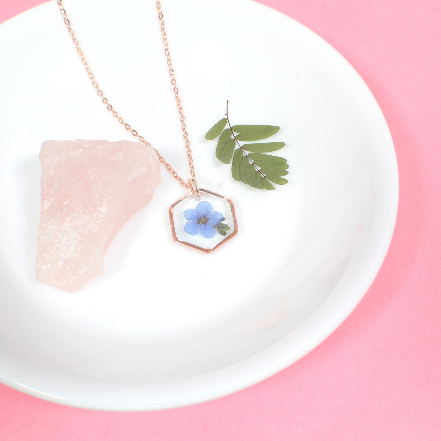 Forget me not Necklace, Pressed Flower Jewelry, Real Dried Flowers, Resin, Small Hexagon Forget-Me-Not, Handmade Gift for Loss