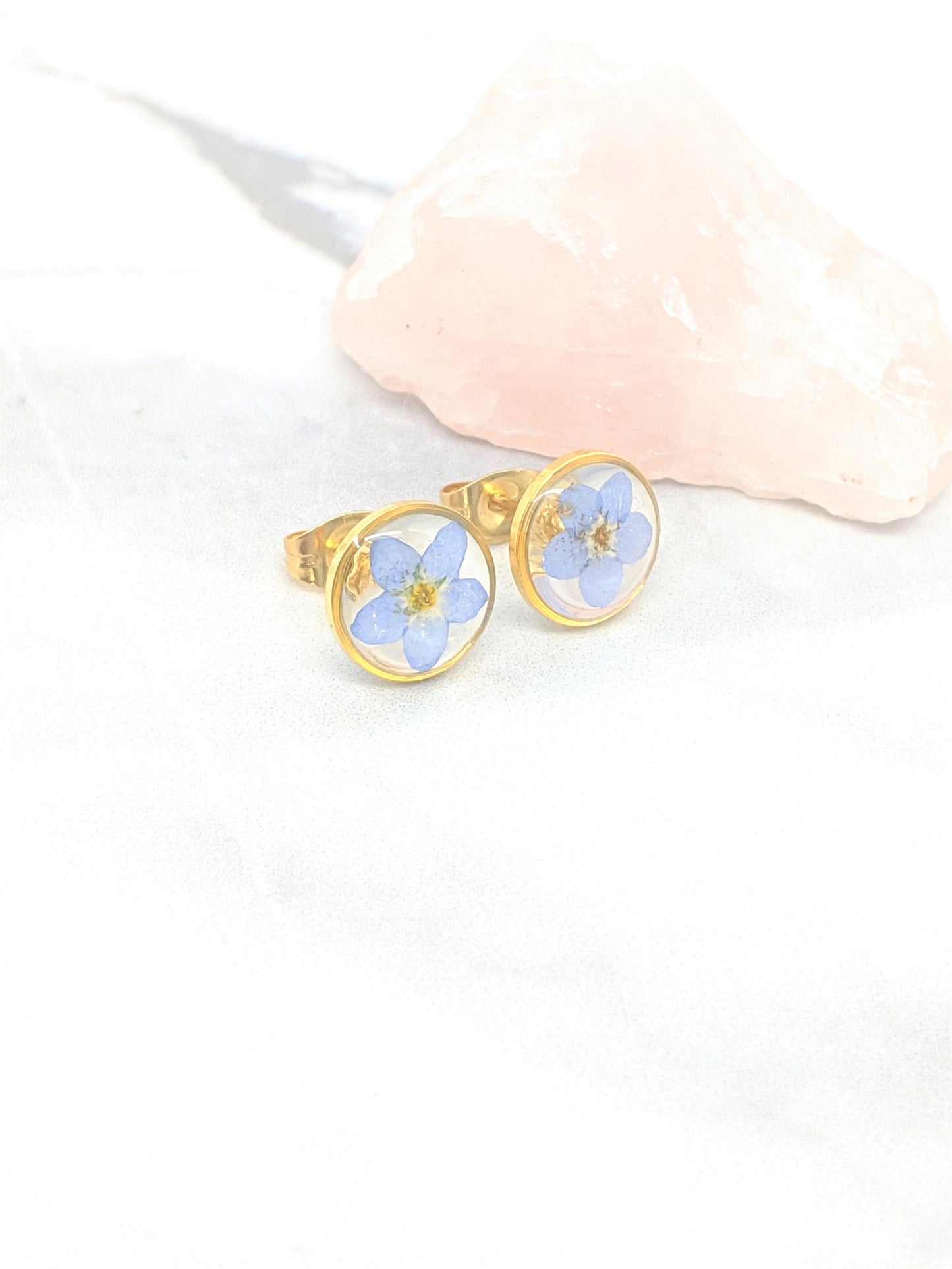 Pressed Flower Earrings, Forget me not Studs, Botanical Earrings, Pressed Flower Jewelry, Real Dried Blue Flower Studs, Hypoallergenic