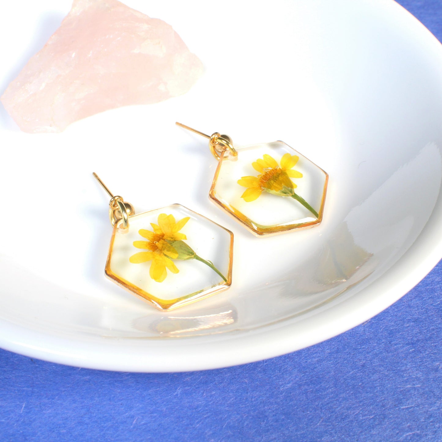 Yellow pressed flower dangle earrings, real daisy resin jewelry, dried floral, handmade, hexagons, wildflowers, March birth flower, daffodil