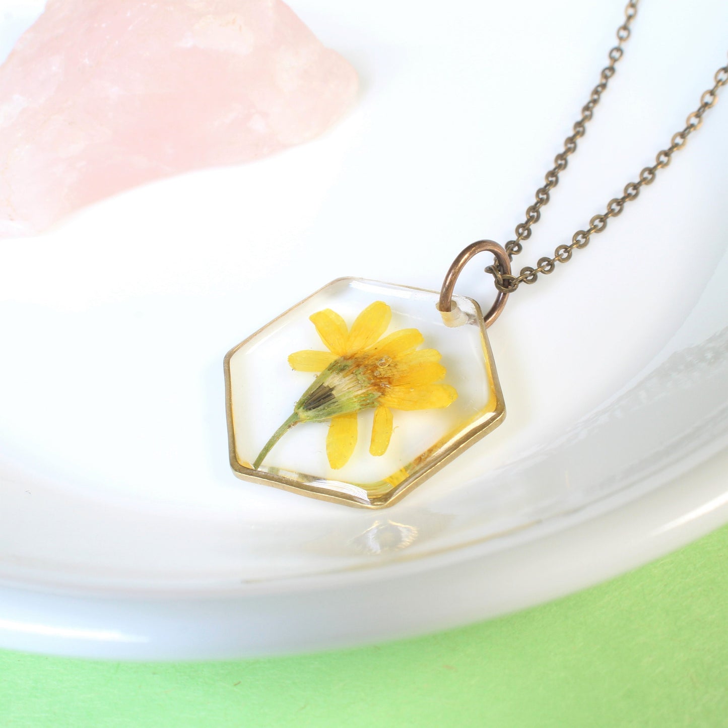 Yellow pressed flower necklace, resin daisy pendant, real dried wildflower jewelry, hexagon, handmade, daffodil, March birth flower jewelry