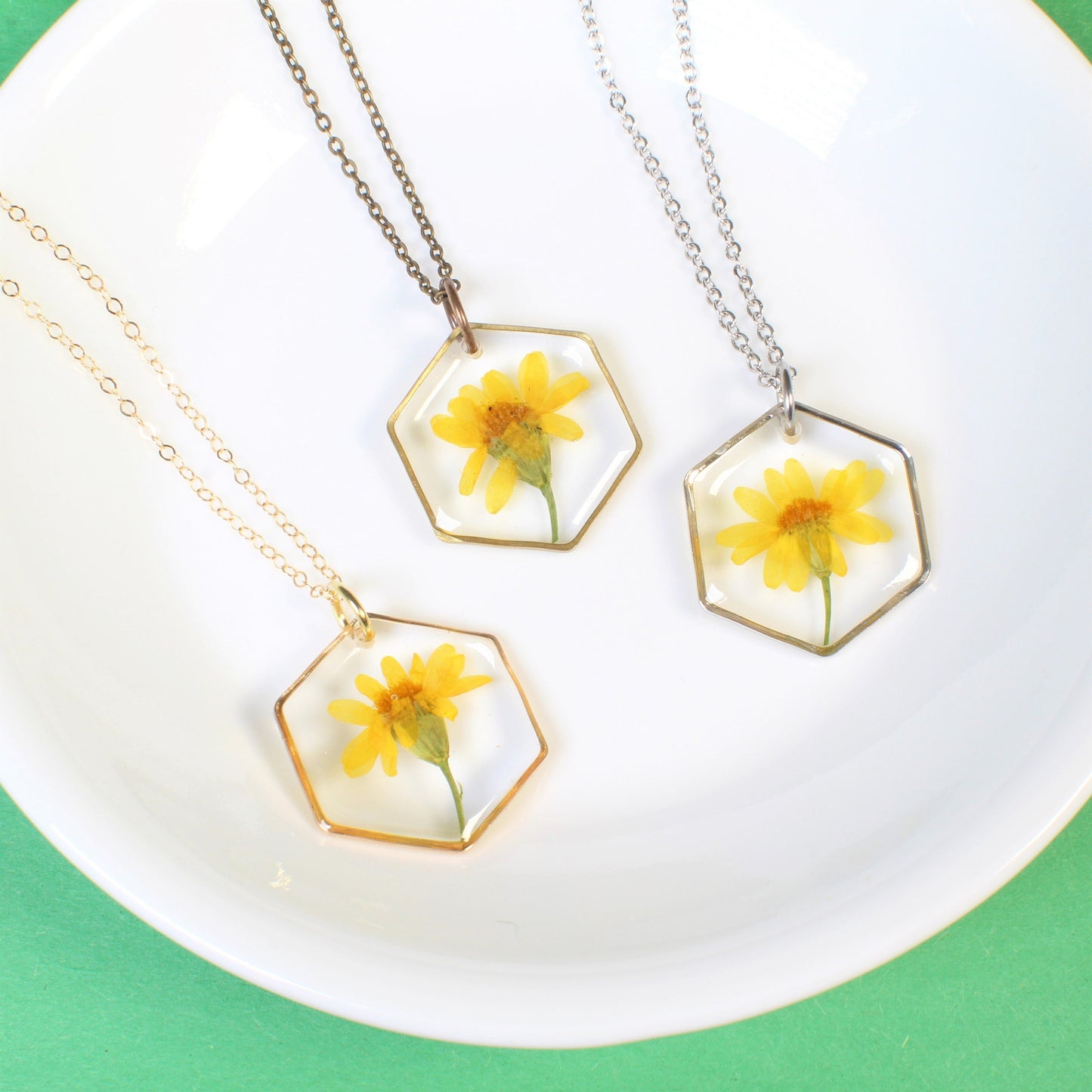 Yellow pressed flower necklace, resin daisy pendant, real dried wildflower jewelry, hexagon, handmade, daffodil, March birth flower jewelry