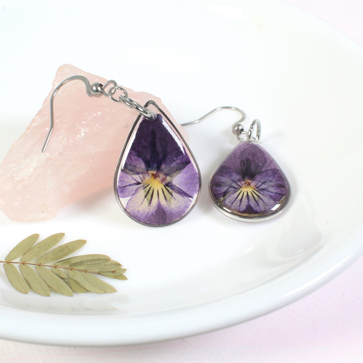 Pressed flower dangle earrings, real violet jewelry, purple pansy viola flowers, resin, February birth flower, handmade teardrop earrings