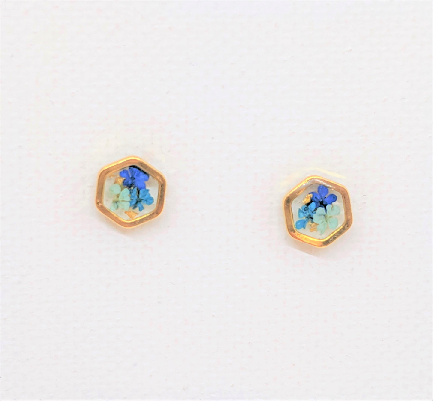Tiny Real Pressed Flower Earrings, Gold Hexagons in Navy, Teal, Light Blue, Minimalist Studs, Pressed Flower Studs, Titanium posts, jewelry