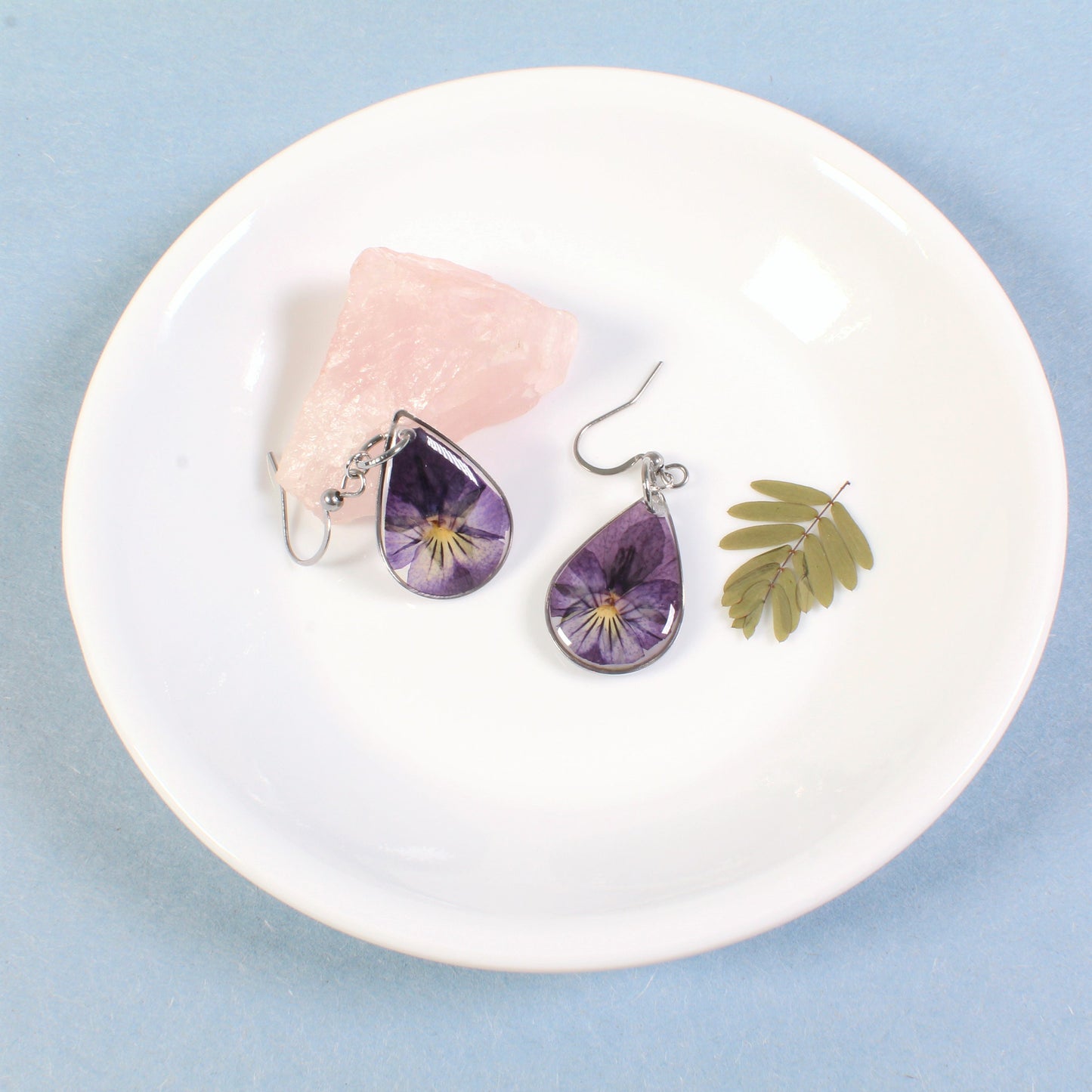 Pressed flower dangle earrings, real violet jewelry, purple pansy viola flowers, resin, February birth flower, handmade teardrop earrings