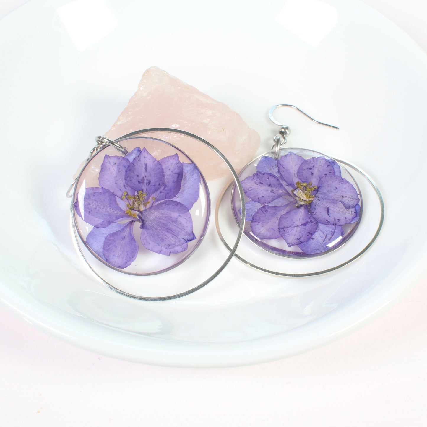 July birth flower earrings, large pressed larkspur flower dangles, handmade resin dried flower jewelry, dark or light purple, silver, gold