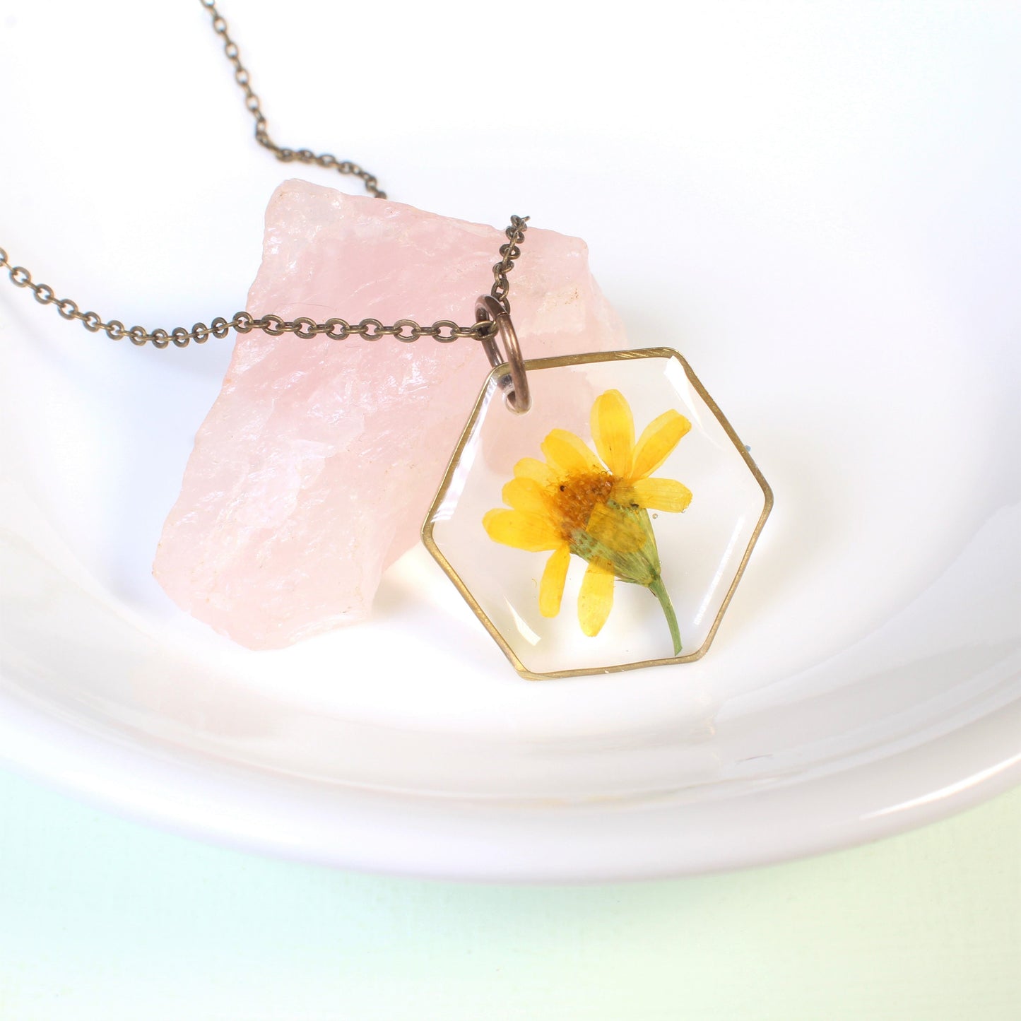 Yellow pressed flower necklace, resin daisy pendant, real dried wildflower jewelry, hexagon, handmade, daffodil, March birth flower jewelry