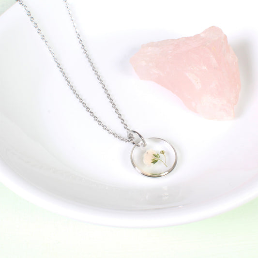 Silver baby's breath necklace, small pressed flower pendant, resin jewelry, handmade, dried flowers, dainty gift, minimalist, simple, white