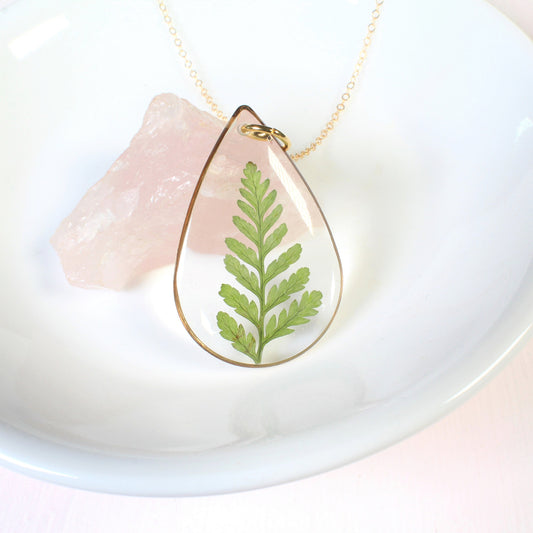 Statement fern necklace, extra large teardrop pendant, nature gift, resin, handmade, forest, green leaf, pressed flowers, woodland, plants