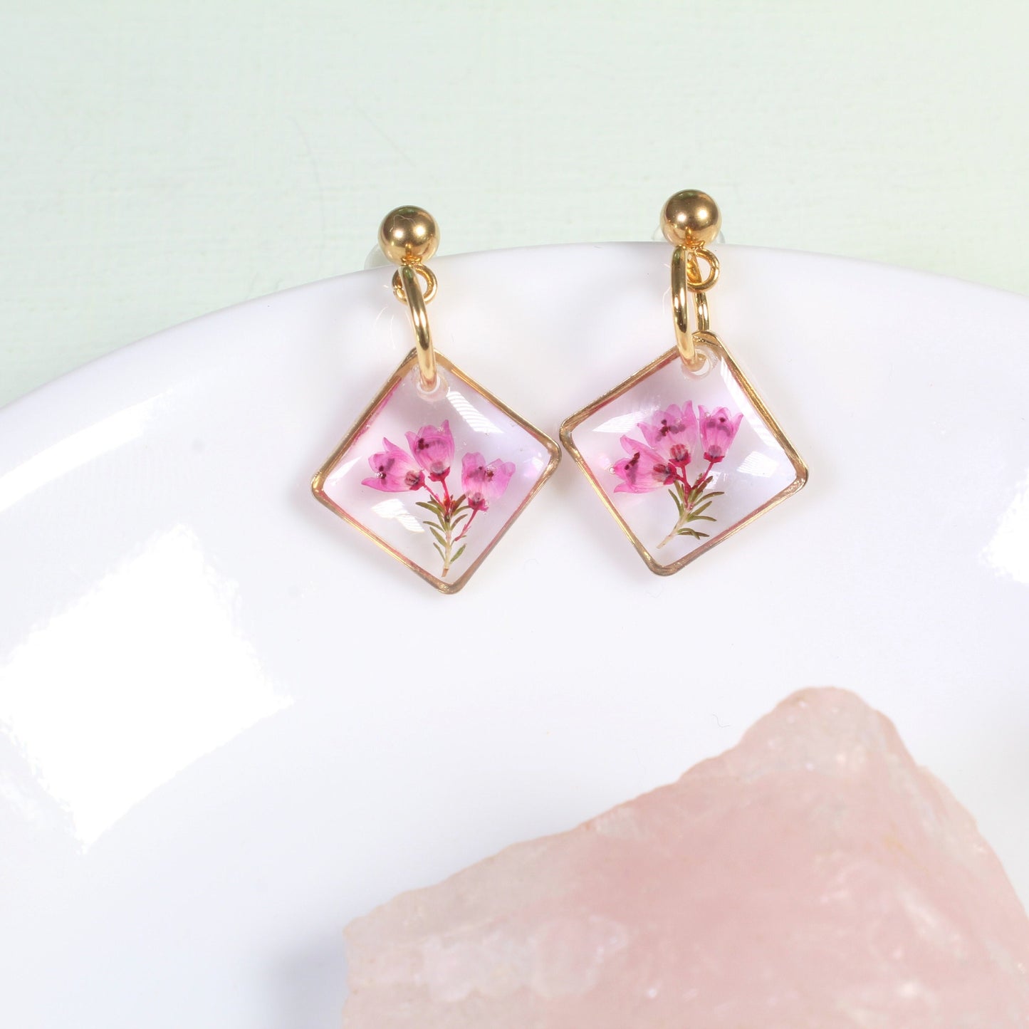 Dainty pink heather pressed flower earrings, small square dangles in silver or gold, handmade resin botanical jewelry, wildflower ball studs