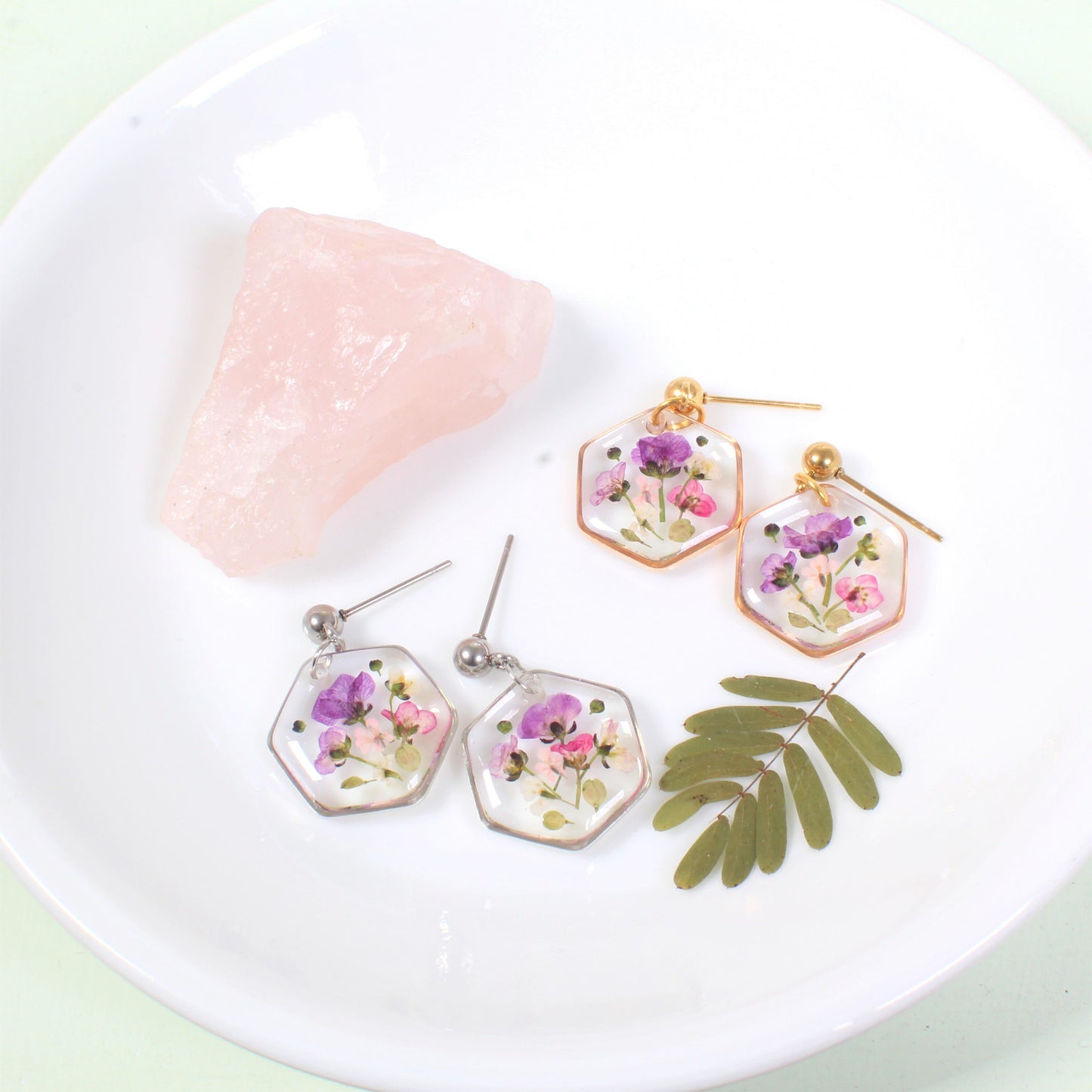 Real Pressed Flower Dangle Earrings, Hexagon Bouquet Ball Post Studs, Resin Dried Flower Jewelry, Geometric Plant Handmade, Botanical Nature