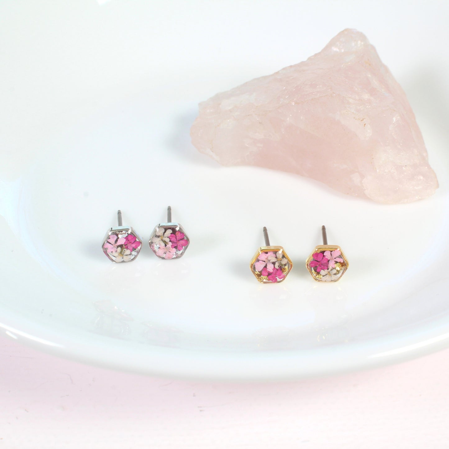 Tiny pressed flower earrings, pink resin studs, micro jewelry, handmade hexagon post earrings, hypoallergenic titanium, teeny, gold, silver