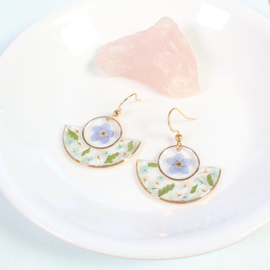 Geometric Pressed Flower Resin Dangle Earrings with Forget-me-nots