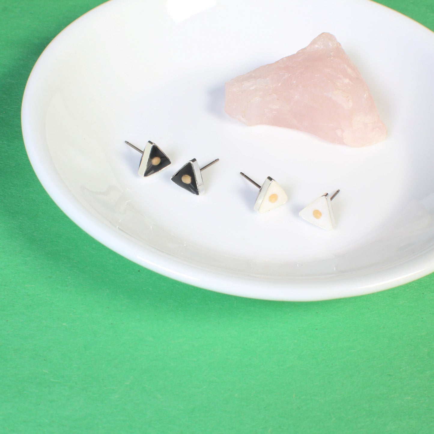 Mustard seed earrings, small triangle earrings, mountain faith studs, hypoallergenic titanium, Christian jewelry, handmade, resin, silver