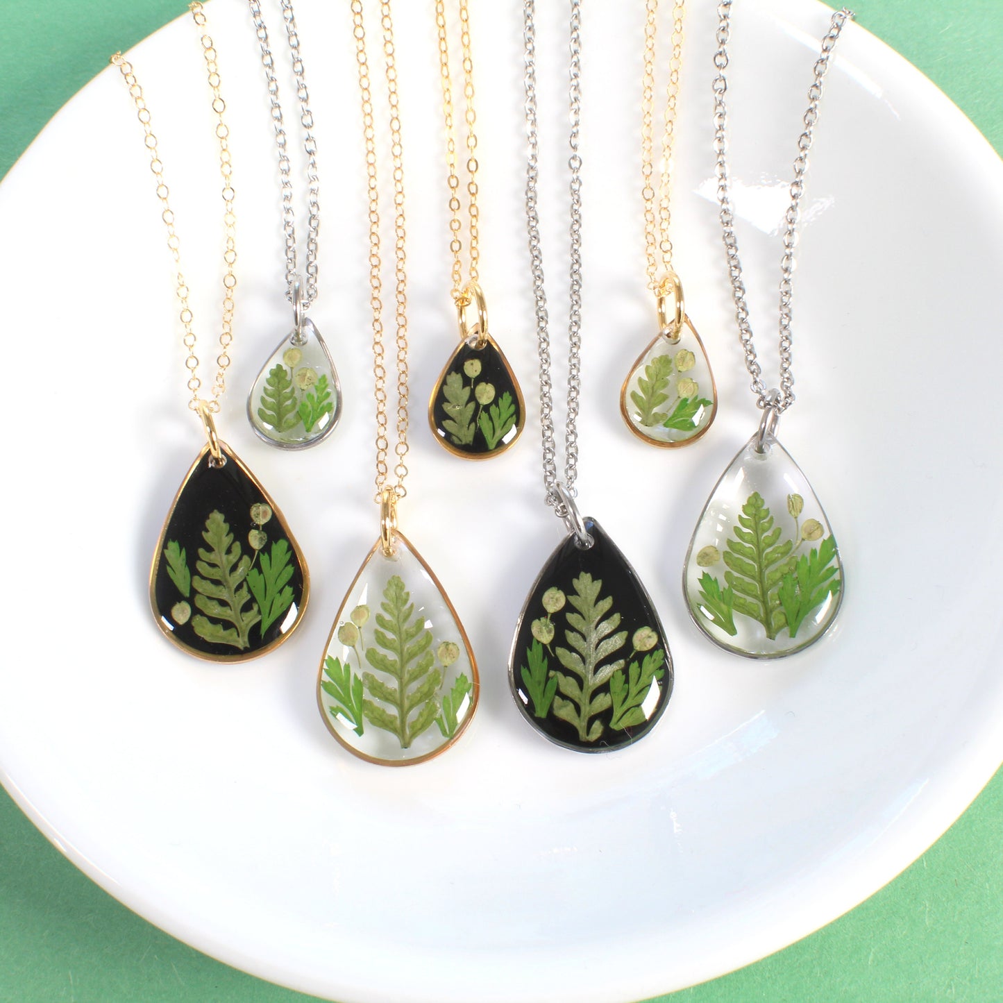 Tiny fern necklaces, real pressed fern leaf in resin, handmade nature plant jewelry, forest necklace, teardrop pendant, gold filled, silver