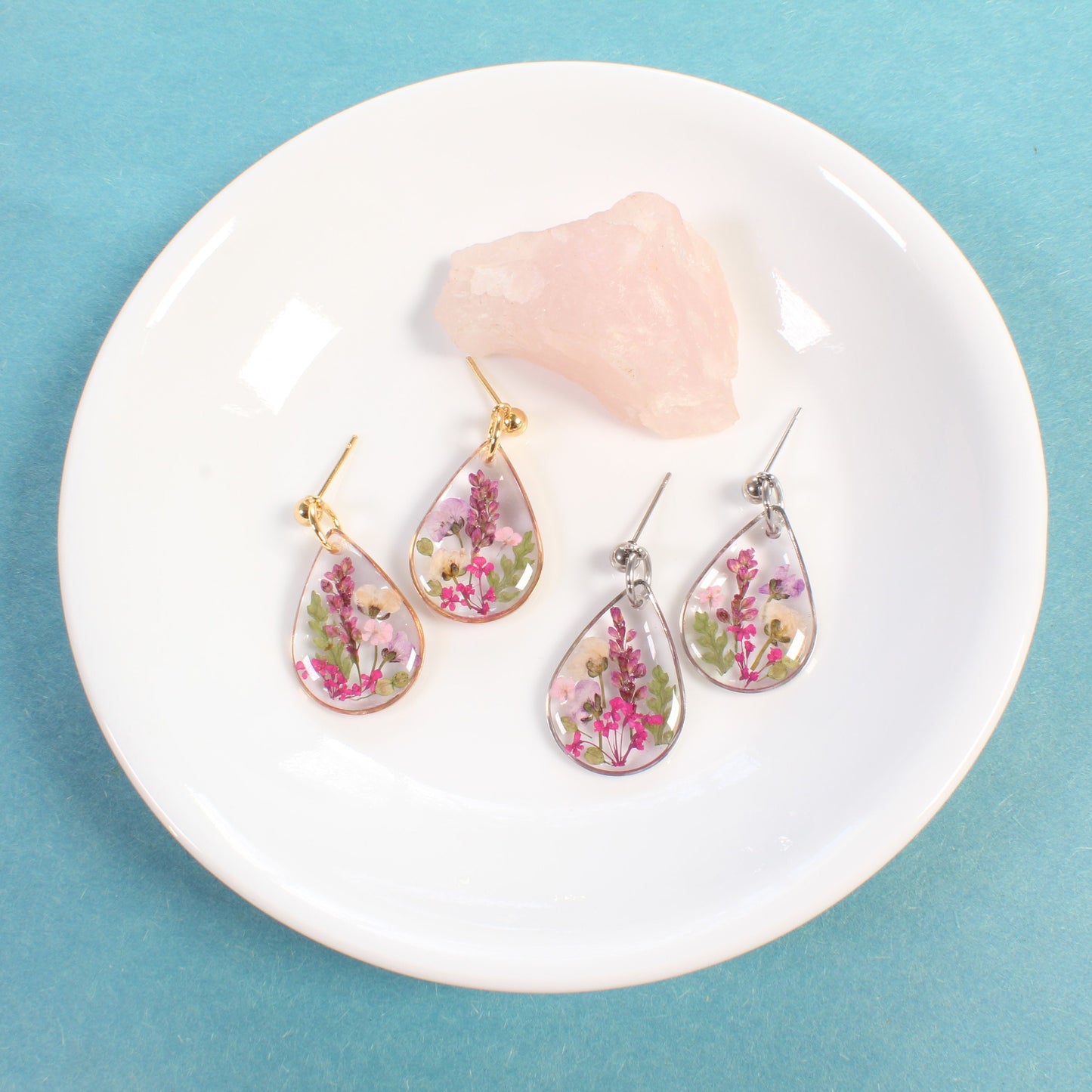 Wildflower earrings, pressed flower dangles, resin jewelry, handmade botanical teardrop studs, pink, purple, gold, silver, nature gift