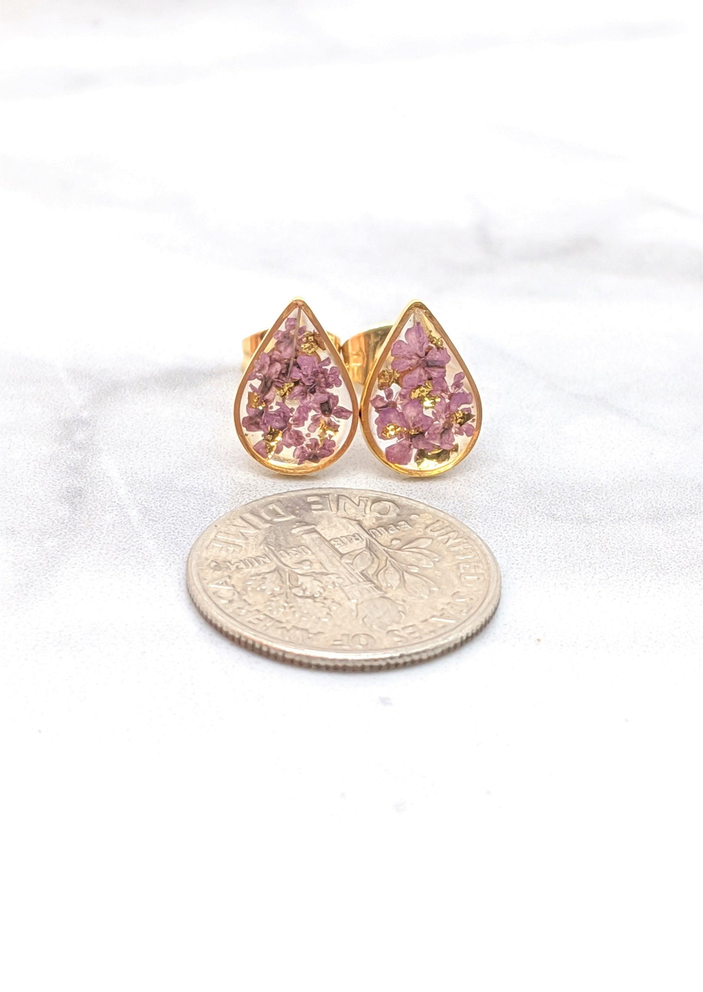 Pressed Flower Earrings, Dusty Purple, Gold Teardrop Studs, Lavender, Mauve, Lilac Posts, Pressed Flower Jewelry, Real Dried Flower Earrings