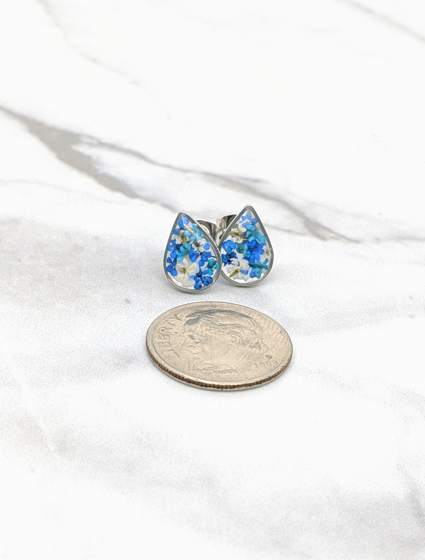 Pressed flower stud earrings, navy blue, teal, white, teardrop studs, hypoallergenic titanium