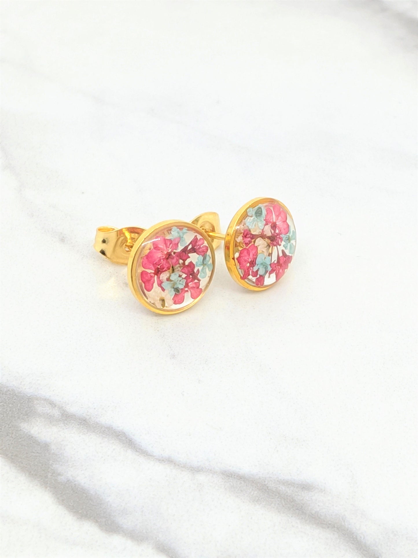 Pressed Flower Earrings, Magenta Pink Gold Circle Posts, Pressed Flower Jewelry, Real Dried Flower Resin Studs, Pressed Flowers Earrings