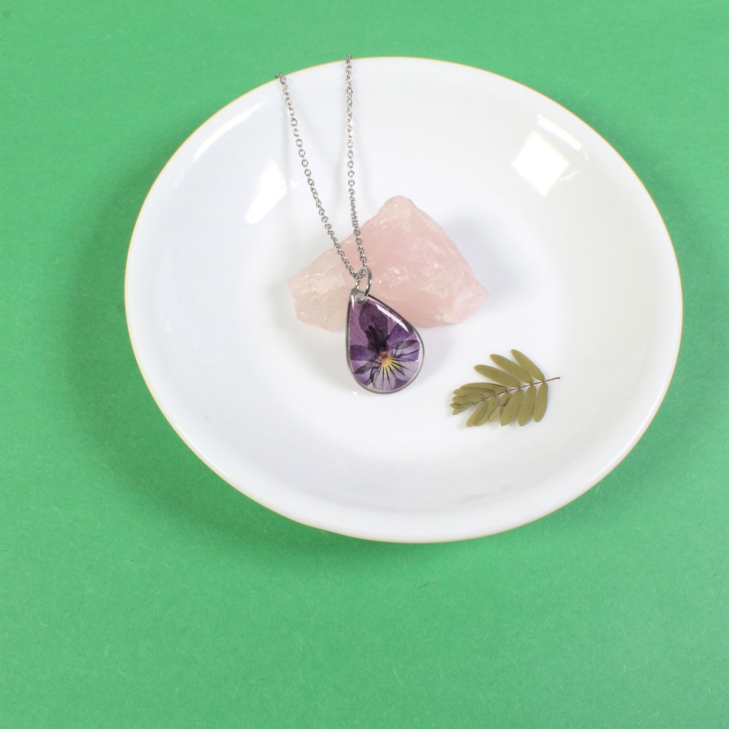 Violet necklace,  Small pressed flower pendant, real pansy viola, resin, handmade botanical teardrop necklace, February birth flower, nature
