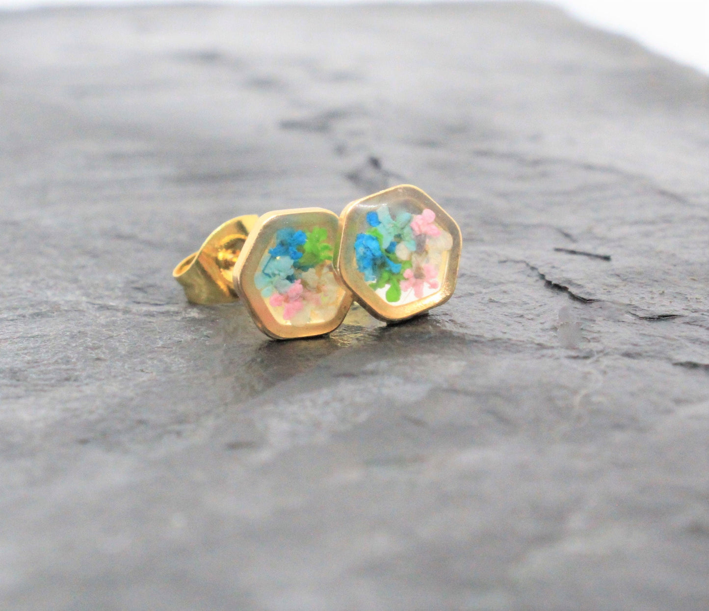 Tiny Pressed Flower Earrings, Gold Hexagon Stud, Minimalist Post, Small Green Pressed Flower Jewelry, Real Flower Jewelry,Pressed Flower