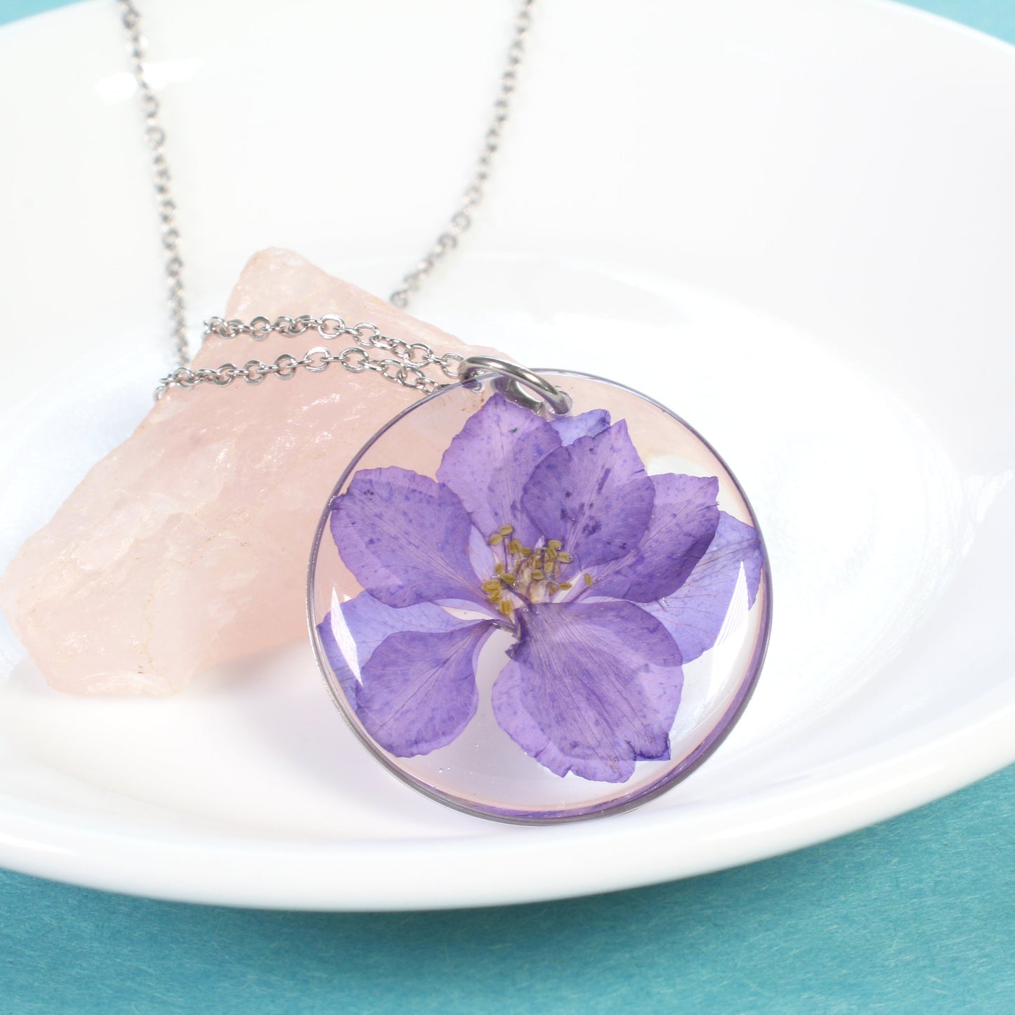 Light purple pressed flower necklace, July birth flower jewelry, real dried flower pendant, handmade resin jewelry, gold filled, larkspur