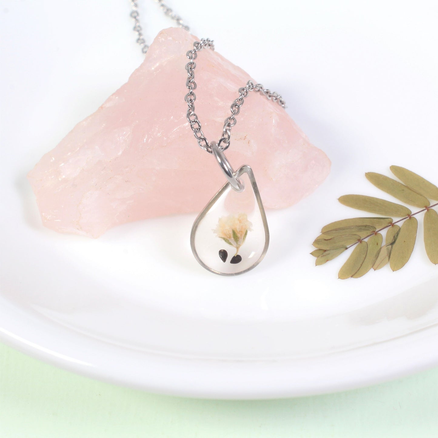 Small teardrop forget-me-not seed necklace with baby's breath, handmade gift for loss, grief, remembrance, miscarriage, forget me not seed