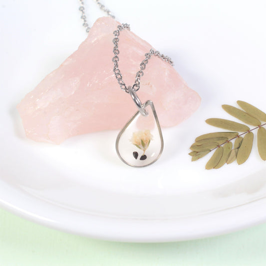 Small teardrop forget-me-not seed necklace with baby's breath, handmade gift for loss, grief, remembrance, miscarriage, forget me not seed