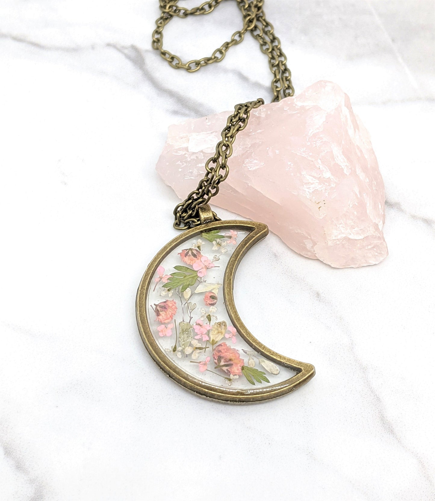Real Pressed Flower Moon Necklace, Blush Pink Leaf, Bronze Resin Plant Pendant Dried Flower Jewelry, Handmade Moon Necklace, Celestial Lunar