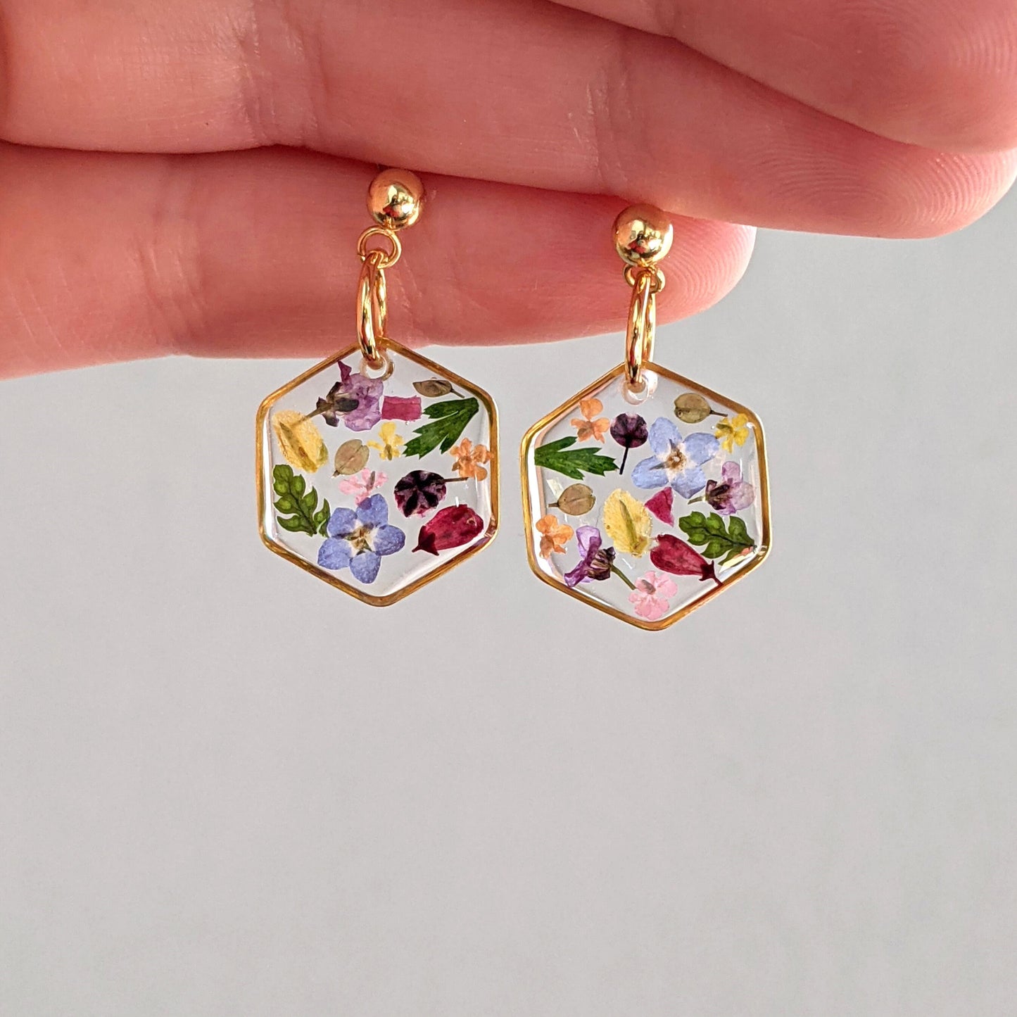 Colorful Mixed Wildflower Small Hexagon Resin Ball Stud Dangle Earrings